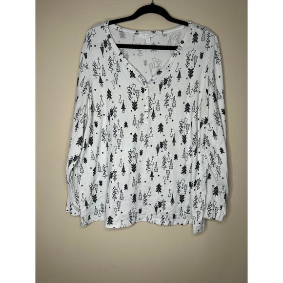 Wo’s 2X Charter Club Intimates Black White Long Sleeve Christmas Tree Pajama Top - Picture 1 of 3